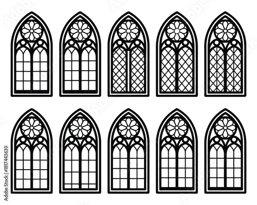 Gothic church window design collection featuring ornate stained glass frame shapes, medieval architectural elements, decorative tracery patterns, and classic cathedral style templates.