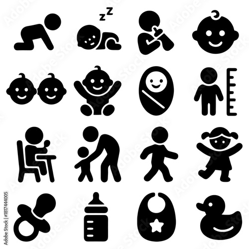 Baby Life Iconography: A collection of endearing black icons depicting various stages and facets of infant life, from the first crawl to playful exploration and the essential feeding routine.