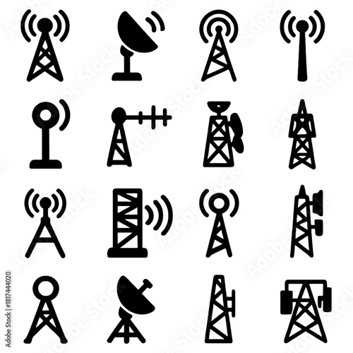 Antenna Icons: A series of antenna tower icons and symbols that represent modern communication technology. Perfect for design projects or visual communication concepts.