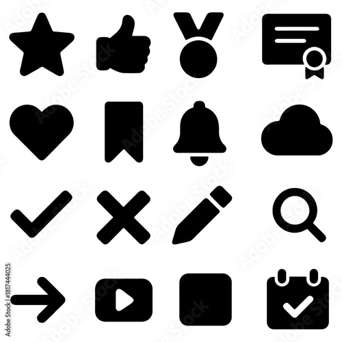 Collection of Icons for User Interface Design: A compilation of essential icons, meticulously designed for seamless user interface integration, catering to a range of web and app requirements. 