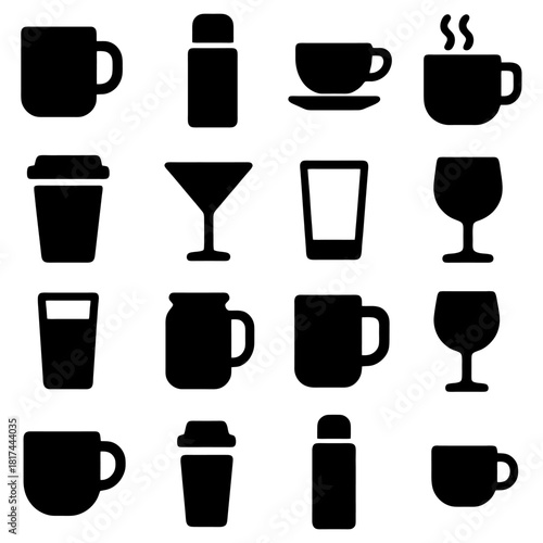 Drink Vessels Collection: A graphic assortment of drink vessels, from coffee cups to wine glasses, arranged in a simple and visually pleasing composition.