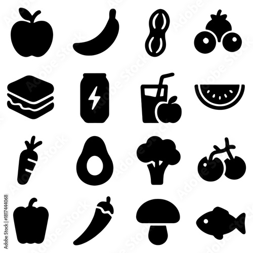 Nutritional Symbols: An array of stylized, monochromatic icons represents an assortment of healthy foods and beverages, emphasizing the concept of balanced nutrition and wholesome choices.