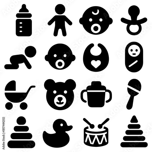 Baby Essentials Icon Collection: A collection of black and white icons representing essential items for baby care, showcasing the early stages of life and nurturing needs.