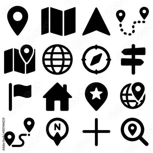 Navigation Icons Collection: A collection of various navigation icons, perfectly suited for use in travel applications, web design, and wayfinding projects.