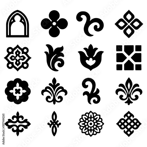 Ornamental Pattern Collection: A curated selection of ornate, black and white ornamental patterns, showcasing a variety of intricate designs perfect for diverse applications.