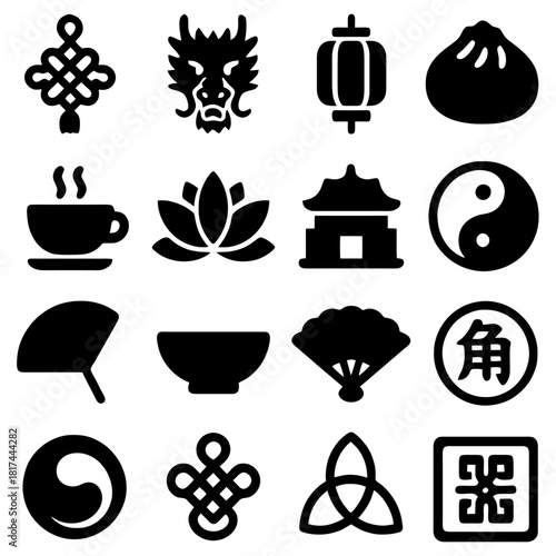 East Asian Symbols Icon Set: A collection of meticulously crafted, elegant black icons representing the diverse cultural tapestry of East Asia.