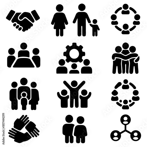 Teamwork and Harmony: A set of icons showcasing teamwork, partnership, and family unity. Depicting essential elements of community and cooperation.