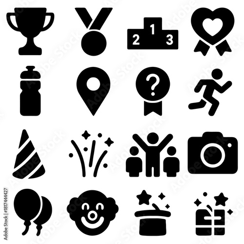 Celebration Icon Set: A collection of black silhouette icons of a trophy, medals, podiums, ribbons and etc, to illustrate achievements and festivities. 