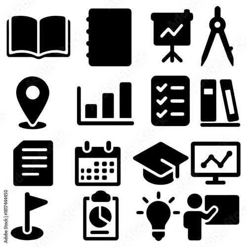 Essential Learning Toolbox: A comprehensive collection of meticulously designed graphic icons representing the core tools and elements of education and learning.