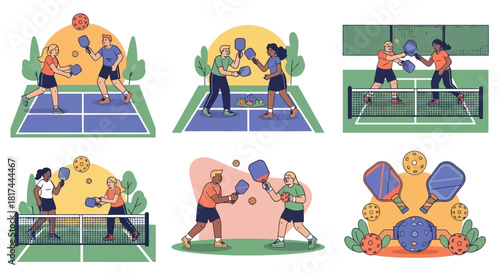 Illustration of people playing pickleball in various game scenarios and interactions on courts