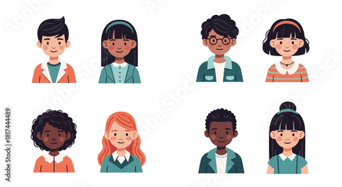 Diverse group of cartoon children portraits set in flat design style