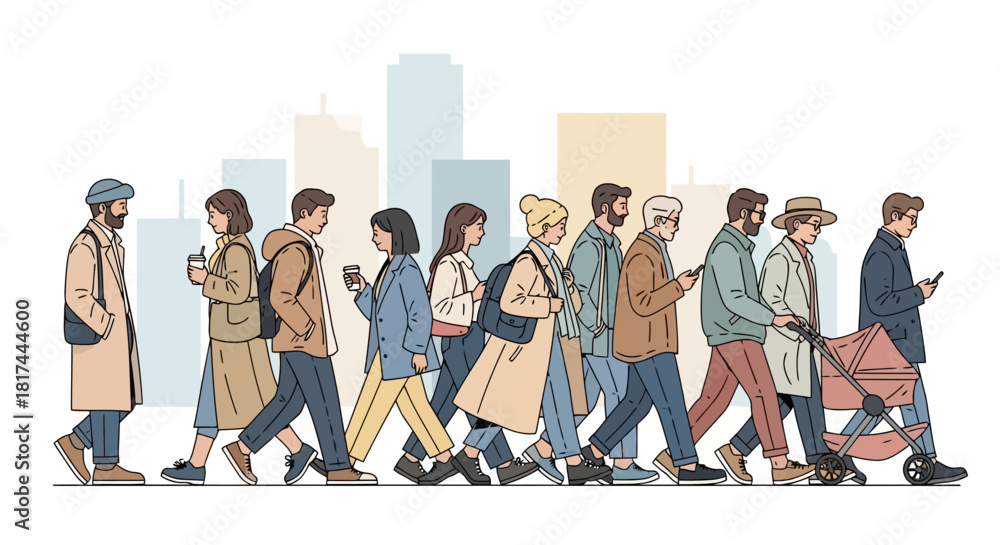 Naklejka premium Diverse group of people walking in a city, showcasing daily urban life and community interaction