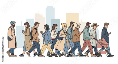 Diverse group of people walking in a city, showcasing daily urban life and community interaction