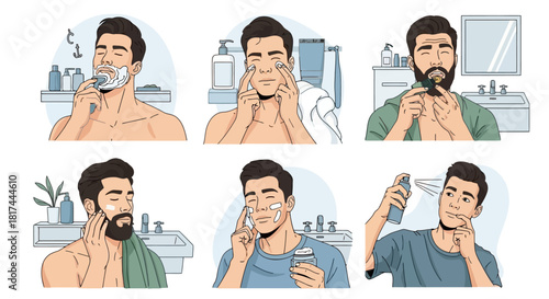 Man Grooming Routine Vector Illustration Set