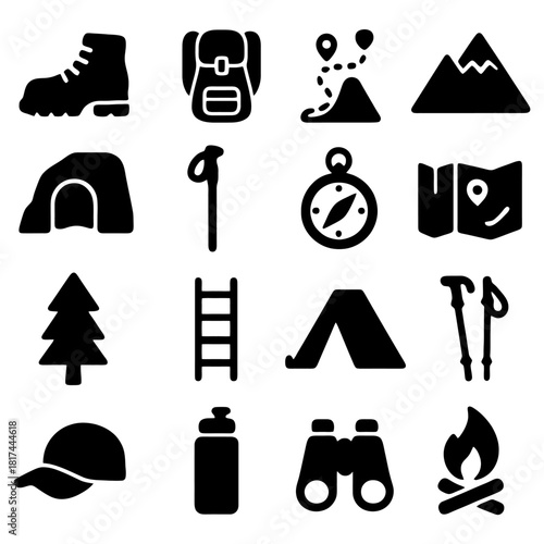 Essential Hiking Icons: A collection of meticulously crafted, minimalist icons, depicting the indispensable gear and elements essential for the ultimate outdoor hiking adventure.