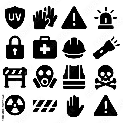 Safety Icon Set: A collection of safety icons representing various aspects of hazard awareness, protection, and emergency preparedness. These simple glyphs are designed to inform and alert