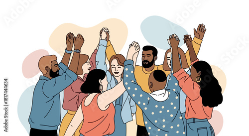 Diverse Group of People Holding Hands High, Celebrating Together as a Team in Unity