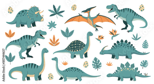 Collection of cartoon dinosaurs and prehistoric plants with dinosaur eggs scattered around, perfect for children's educational content and decor