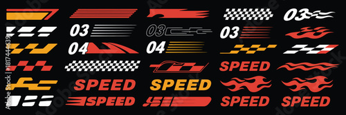 Racing speed graphic elements collection featuring dynamic stripes, bold flames, checkered patterns, modern decals, and high-energy motorsport visual accents for custom design projects.