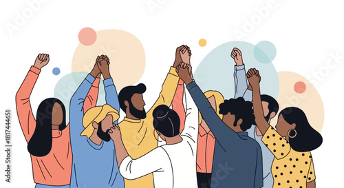 Diverse group of people raising their hands in unity and solidarity, symbolizing togetherness and shared effort