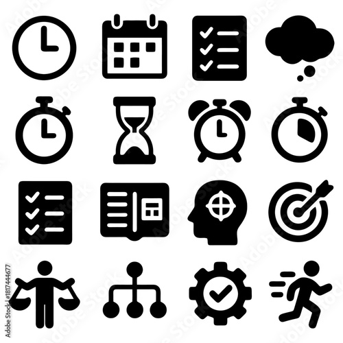 Time Management Icons: A collection of meticulously crafted icons represents various facets of time management, offering a visual vocabulary for planning, scheduling, and efficient task execution. 