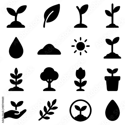 Essential Growth Icons: A collection of meticulously crafted, minimalistic icons representing the essence of growth, life, and the nurturing cycle of nature.