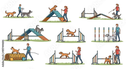 Dog Agility Course Illustrations Set Training and Sporting Activities