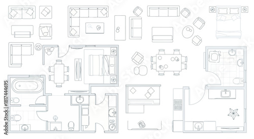 Comprehensive collection of minimalist top-down floor plans and modern interior furniture layouts for contemporary home design and architectural projects