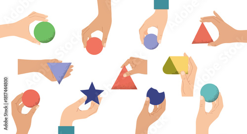 Diverse Hands Holding Colorful Geometric Shapes Representing Collaboration, Problem-Solving, and Teamwork for Unified Solutions and Creative Development