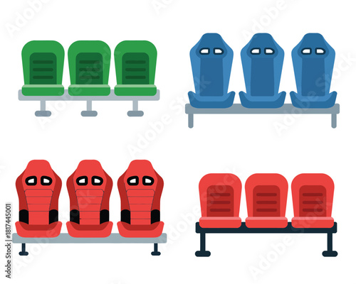 Stadium bench seat set illustration featuring modern sports seating rows, colorful spectator chairs, and detailed arena sideline bench designs for venue graphics.