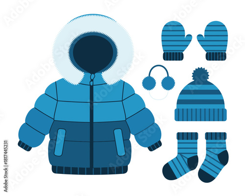 Winter jacket accessories set illustration featuring a warm puffer coat, mittens, earmuffs, hat, and socks designed for cold weather clothing, kids apparel graphics, and seasonal fashion artwork.