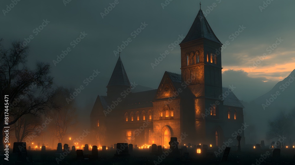Fototapeta premium Spooky Halloween Night with Haunted Castle and Graveyard.