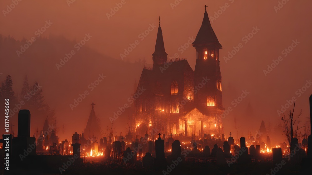 Fototapeta premium Spooky Haunted Mansion with Graveyard at Dusk.
