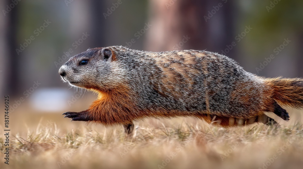 Naklejka premium Groundhog Sprinting Through Open Field: Close-Up of Nature's Agile Wildlife Amongst Trees