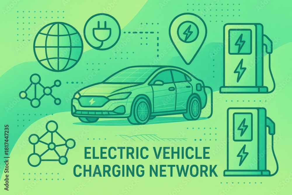 Naklejka premium Electric vehicle charging ecosystem depicted through sleek, modern car design integrated with global connectivity symbols and technological graphics illustrating sustainable transportation