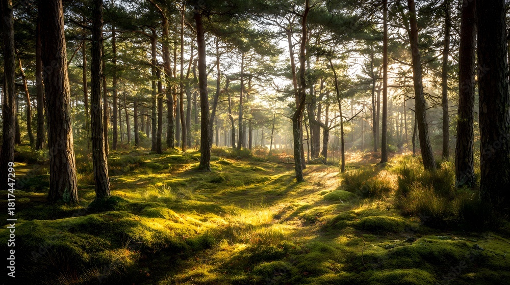 Obraz premium Sunlight filtering through a dense forest with mossy ground.