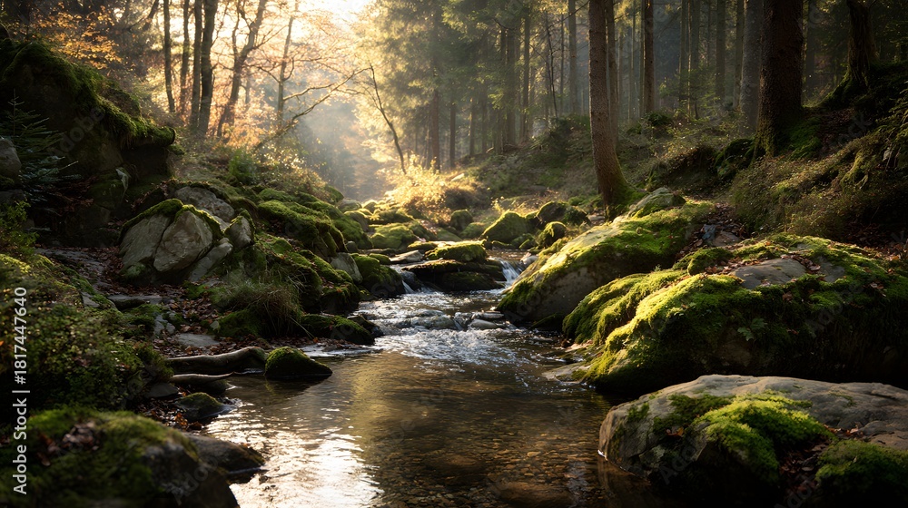 Obraz premium Sunlight Streams Through Forest Canopy Over Mossy Stream and Rocks.
