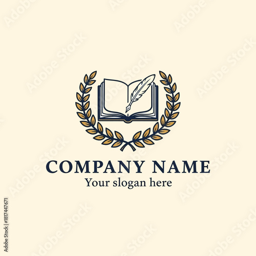 Classic educational logo with an open book and quill pen inside a laurel wreath.
