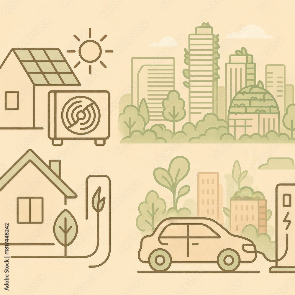 Fototapeta premium Sustainable urban living integrating solar energy home systems air conditioning technologies electric vehicles and green landscapes expressing ecological innovation