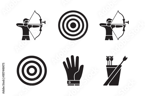 Archery icons set silhouette of archer target glove and quiver