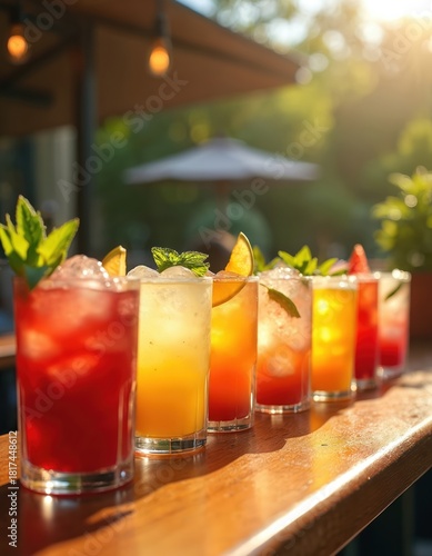 Variety of refreshing cocktails displayed on wooden bar in natural sunlight. Several vibrant drinks garnished with mint leaves, citrus fruits lined up. Photo ideal for summer bar promotions, menus.