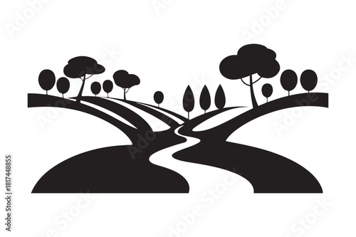 Stylized black silhouette of rolling hills and winding paths