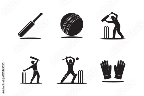 Cricket sport icons featuring bat ball player and gloves