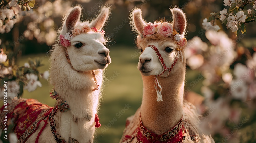 Naklejka premium Two beautifully adorned llamas stand gracefully amidst a vibrant, sun-drenched garden, their elegant decorations adding to the enchanting scene.
