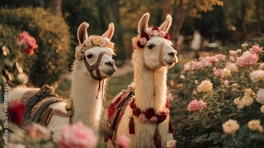 Naklejka premium Two beautifully adorned llamas stand gracefully amidst a vibrant rose garden, bathed in soft, golden light.