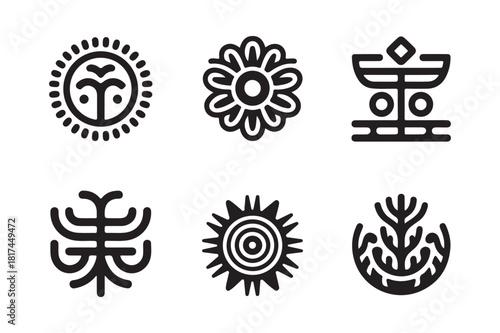 Collection of six stylized tribal sun and floral symbols