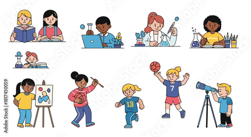 Diverse Children Engaging in Various Activities Reading, Science, Art, Sports, and Exploration