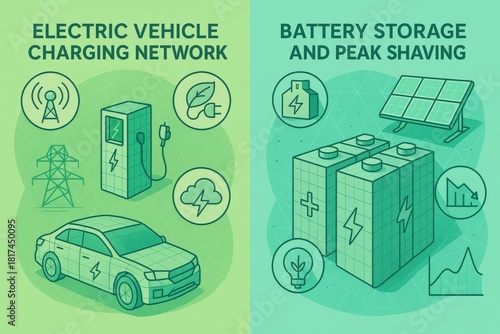 Electric vehicle charging network graphic illustrating battery storage solutions and peak shaving strategies showcasing the synergy between renewable energy and modern transportation technologies