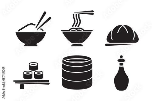 Collection of japanese and asian food icons in black silhouette