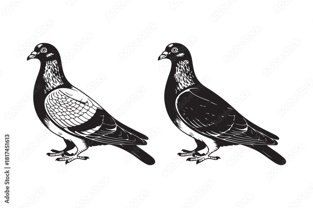 Fototapeta premium Two detailed black and white illustrations of pigeons